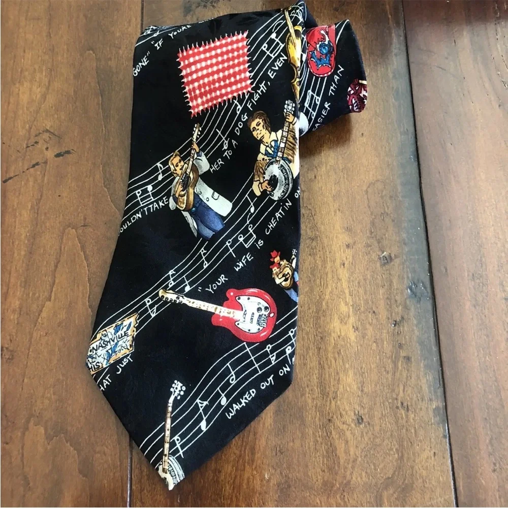 Nicole Miller Country Music Silk Tie Guitar Cowboy Hat Record Black Vintage 90s